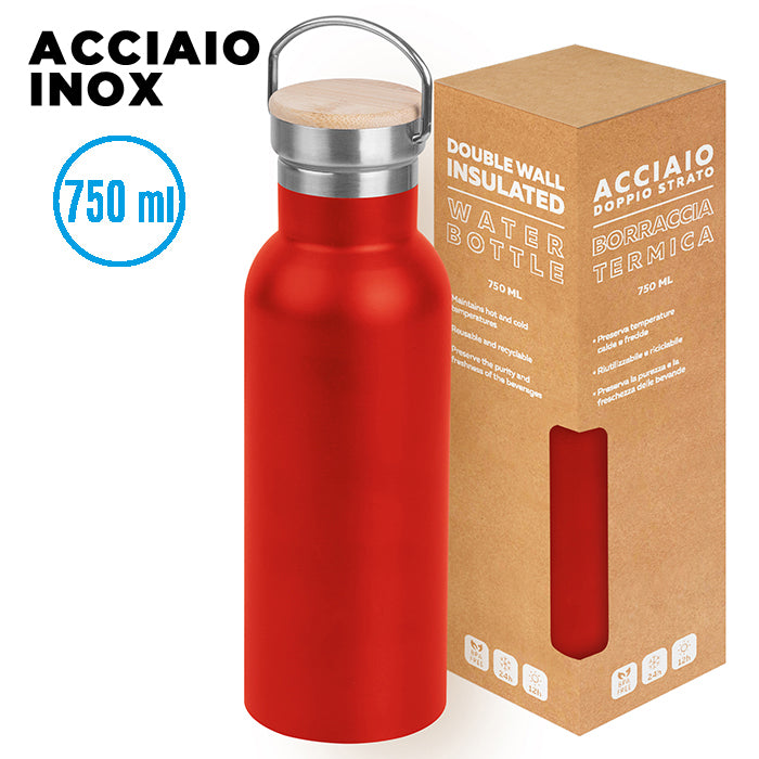 Borraccia termica PC437 rossa da 750 ml, con tappo in bamboo e acciaio